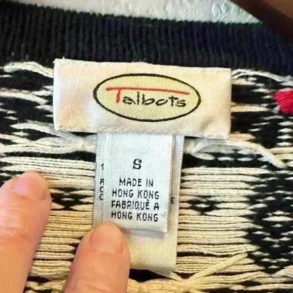 Talbots Women’s Size S Nordic Fair Isle Holiday Blk/Wht‎ Buckle Cardigan Sweater - Picture 4 of 10